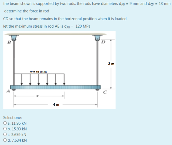 the beam shown is supported by two rods. the rods have diameters dab = 9 mm and dcD = 13 mm determine the force in rod CD so