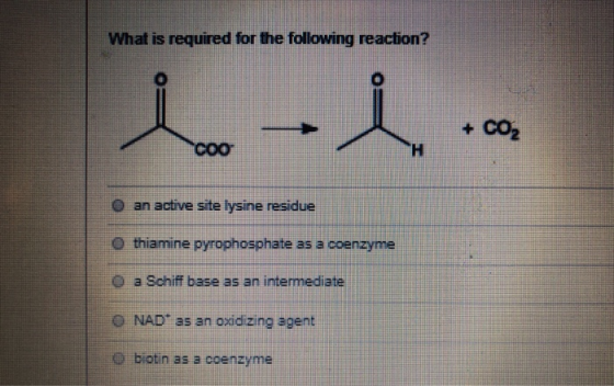 What is required for the following reaction? CO2 # # O an active site lysine residue thiamine pyrophosphate as a coenzyme a S