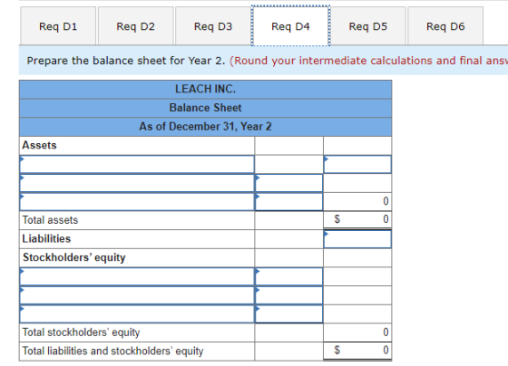 Req D1 Req D2 Req D3 Req D4 Req D5 Req D6 Prepare the balance sheet for Year 2. (Round your intermediate calculations and fin