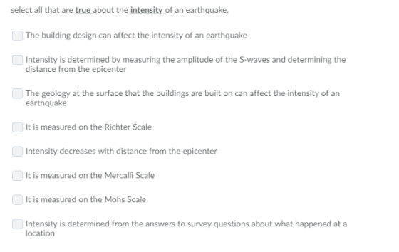 select all that are true about the intensity of an earthquake. The building design can affect the intensity of an earthquake