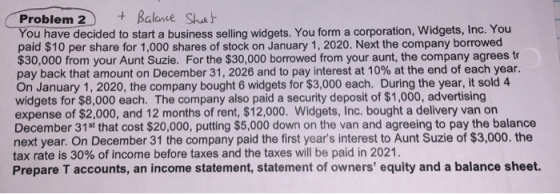 Problem 2 + Balance Sheet You have decided to start a business selling widgets. You form a corporation, Widgets, Inc. You pai