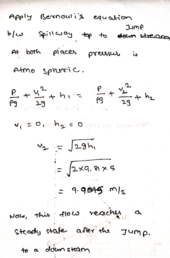 Apply Berrioulis equation 1. Jump blev spill way top to down stream At both places preessure is Atmo spheric. JE = a, b, c s