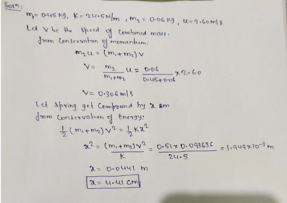 Soln: m = 0.45 kg, K=2005 N/m m₂ = 0.06 kg, u=2.60m18 Let v be the speed of combined mass. from Conservation of momentum: Mal