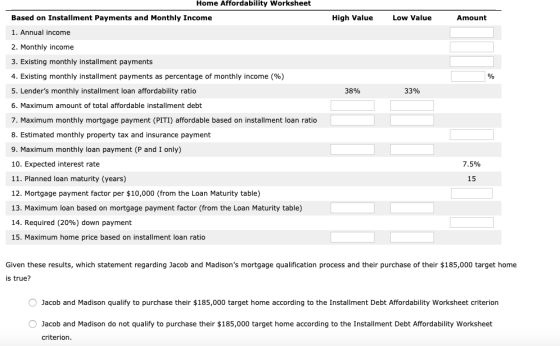 Home Affordability Worksheet Based on Installment Payments and Monthly Income High Value Low Value Amount 1. Annual income 2.
