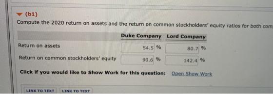 (51) Compute the 2020 return on assets and the return on common stockholders equity ratios for both com Duke Company Lord Co