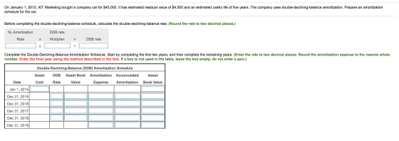 On January 1, 2015, XIT Marketing bought a company car for $45,000. It has estimated residual value of $4,500 and an estimate
