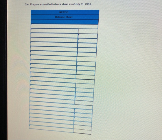 2-c. Prepare a classified balance sheet as of July 31, 2013. NEPCO Balance Sheet