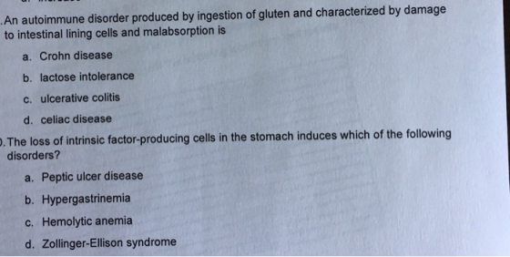 .An autoimmune disorder produced by ingestion of gluten and characterized by damage to intestinal lining cells and malabsorpt