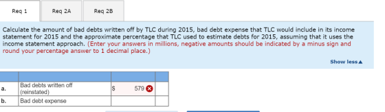 Req 1 Req 2A Req 2B Calculate the amount of bad debts written off by TLC during 2015, bad debt expense that TLC would include