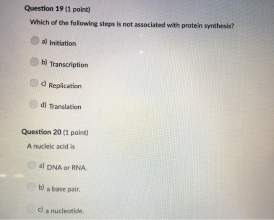 Question 19 (1 point) Which of the following steps is not associated with protein synthesis? a) Initiation b) Transcription c