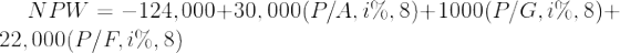 \large NPW = - 124,000 + 30,000(P/A,i\%,8) + 1000(P/G,i\%,8) + 22,000(P/F,i\%,8)