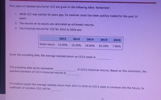 Five years of realized returns for CCC are given in the following table. Remember: 1. While CCC was started 40 years ago, its
