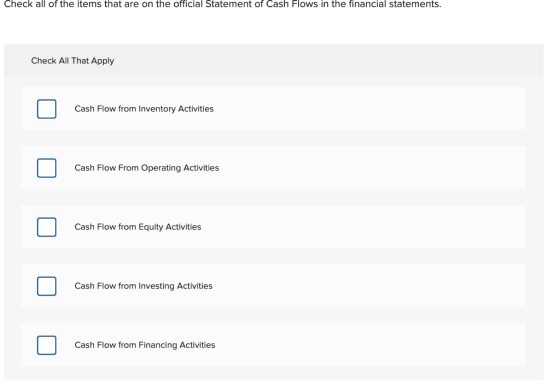Check all of the items that are on the official Statement of Cash Flows in the financial statements. Check All That Apply O C