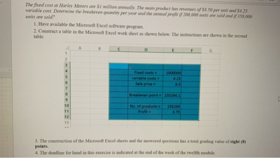 The fixed cost at Harley Motors are $7 million annually. The main product has renemies of $8.50 per unit and 84.25 variable c