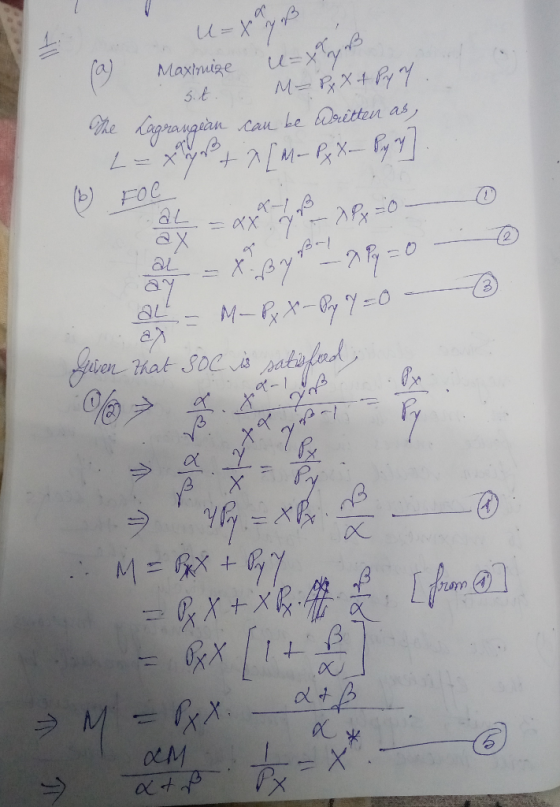 (a) u=X y op , Maximize u-xay B. sit. M-Px x + PyY. The Lagrangean can be Dorétten as, L = x + x[m- P₂ X – Pyy] aç = axml 180