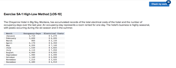 Check my work Exercise 5A-1 High-Low Method [LO5-10] The Cheyenne Hotel in Big Sky, Montana, has accumulated records of the t