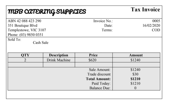 MBB CATERING SUPPLIES Tax Invoice Invoice No.: Date: Terms: ABN 42 088 423 290 351 Boutique Blvd Templestowe, VIC 3107 Phone: