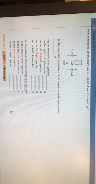 Find the following, (in the figure use C1-32.80 μF and C2-26.80 pF.) 900 v ) the equivalent capacitance of the capacitors in