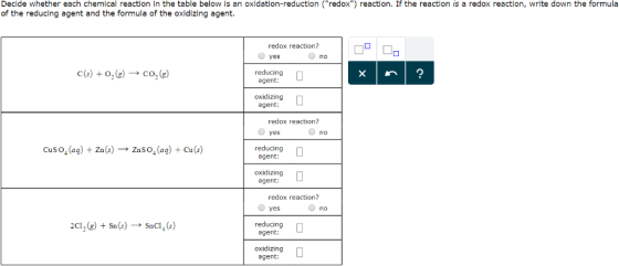 Decide whether each chemical reaction in the table below is an oxidation-reduction (redox) reaction. If the reaction is a r
