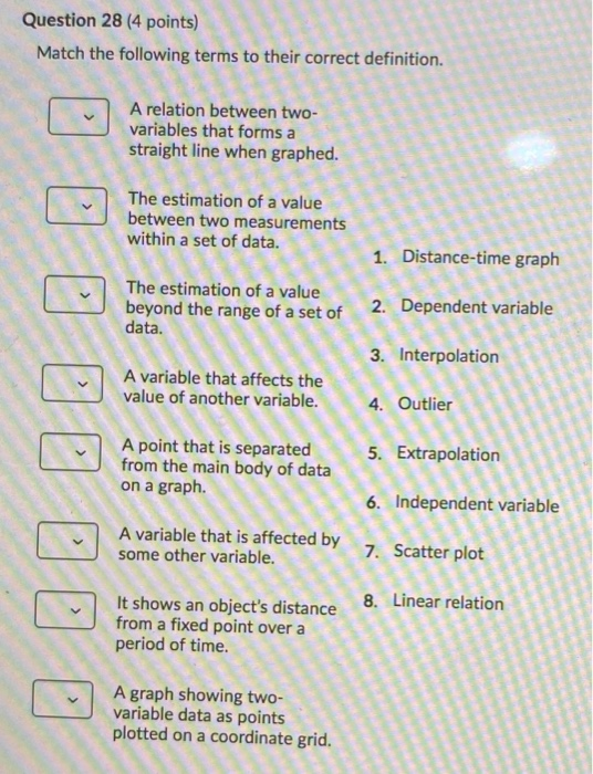 Question 28 (4 points) Match the following terms to their correct definition. A relation between two- variables that forms a