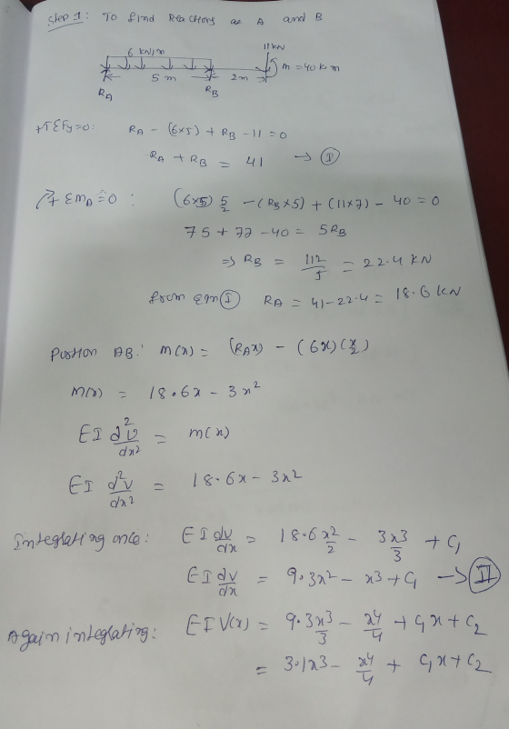 Step 1: To find Reactory A and B ilk 6 knim toa m = 40 km k 5 m 2 m RA RB +TE Fyzo: RA (65) + RB - 11=0 RA TRB 41 P A Emoto (