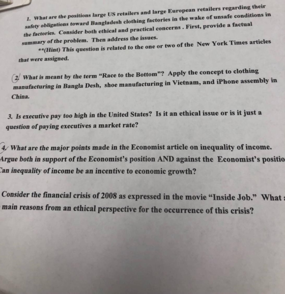 1. What are the positions large US retailers and large European retailers regarding their safety obligations toward Banglades