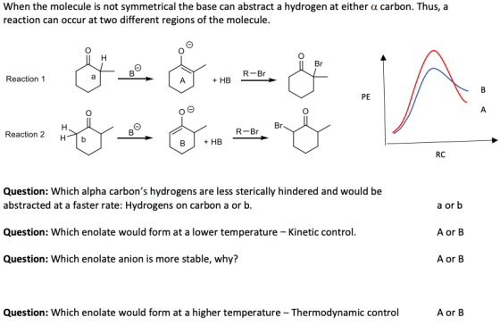 When the molecule is not symmetrical the base can abstract a hydrogen at either a carbon. Thus, a reaction can occur at two d