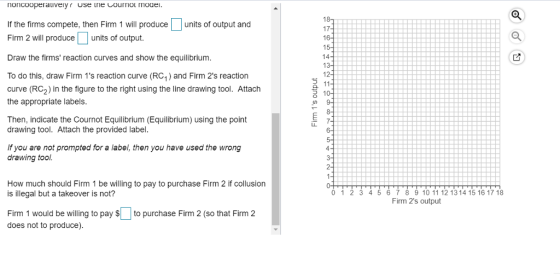 If the firms compete, then Firm 1 will produce units of output and Firm 2 will produce units of output. 17 Draw the firms reaction curves and show the equilibrium 14 12 To do this, draw Firm 1s reaction curve (RC1) and Firm 2s reaction curve (RC2) in the figure to the right using the line drawing tool. Attach the appropriate labels Then, indicate the Cournot Equilibrium (Equilibrium) using the point drawing tool. Attach the provided label If you are not prompted for a label, then you have used the wrong drawing tool 2 How much should Firm 1 be willing to pay to purchase Firm 2 if collusion is illegal but a takeover is not? 0 1 23 4567 8 9 10 11 12 13 14 15 16 17 18 Firm 2s output Firm 1 would be willing to pay $to purchase Firm 2 (so that Firm 2 does not to produce).
