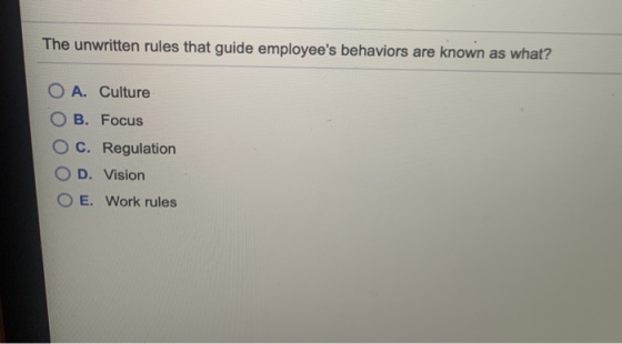 The unwritten rules that guide employees behaviors are known as what? O A. Culture B. Focus O C. Regulation D. Vision O E. W
