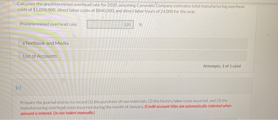Calculate the predetermined overhead rate for 2020, assuming Coronado Company estimates total manufacturing overhead costs of