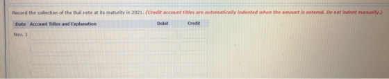 Record the collection of the Bull note at its maturity in 2021. (Credit account titles are automatically Indented when the am