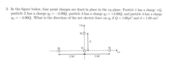 2. In the figure below, four point charges are fixed in place in the ry plane. Particle 1 has a charge +Q particle 2 has a charge q22.00Q, particle 3 has a charge qs +3.00Q, and particle 4 has a charge 9a =-4.00Q. What is the direction of the net electric force on q4 if Q = 1.00pC and d = 1.00 cm? 91 94 8 +2 1.5d 1.5d