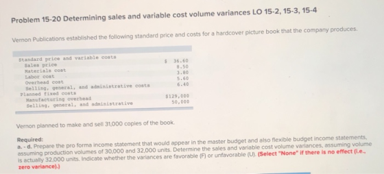 Problem 15-20 Determining sales and variable cost volume variances LO 15-2, 15-3, 15-4 Vernon Publications established the fo