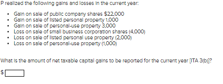P realized the following gains and losses in the current year: • Gain on sale of public company shares $22,000 • Gain on sale