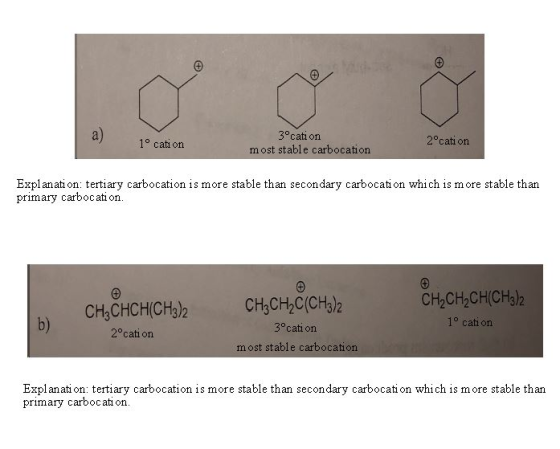 3°cati on 1° cati on 2°cati on most stable carbocation Explanati on: tertiary carbocation is more stable than secondary carbocation which is more stable than primary carbocati on. CH3CH2C(CH3)2 3° cati on m ost stable carbocation CH2CH2CH(CH3)2 1° cati on 2 cati on Explanati on: tertiary carbocation is more stable than secondary carbocation which is more stable than primary carbocati on
