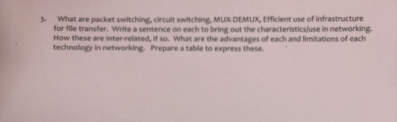 3. What are packet switching, circuit switching, MUX-DEMUX, Efficient use of infrastructure for file transfer. Write a senten