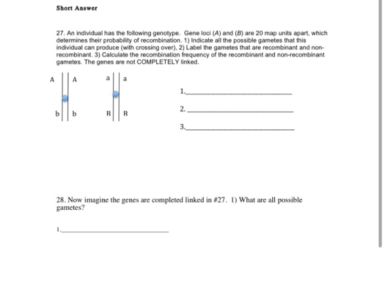 Short Answer 27. An individual has the following genotype. Gene loci (A) and (B) are 20 map units apart, which determines the