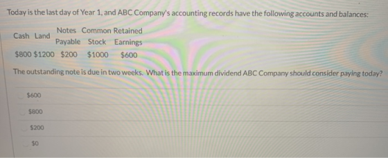 Today is the last day of Year 1, and ABC Companys accounting records have the following accounts and balances: Notes Common