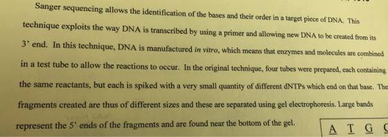 Sanger sequencing allows the identification of the bases and their order in a target piece of DNA. This technique exploits th