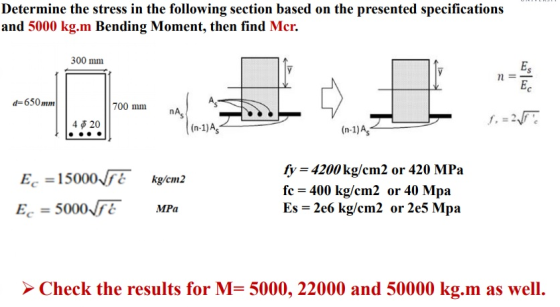 Determine the stress in the following section based on the presented specifications and 5000 kg.m Bending Moment, then find M