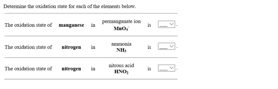 Determine the oxidation state for each of the elements below permanganate ion MnO4 The oxidation state of in is manganese amm