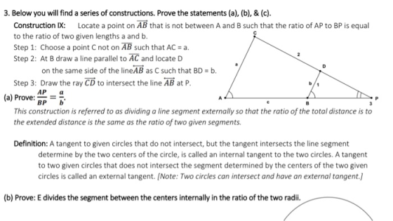3. Below you will find a series of constructions. Prove the statements (a), (b), & (c). Construction IX: Locate a point on AB