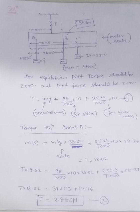3 </meter scale -7035 sous 38026 . S m- 25.2ggy. 11.950.mp? Temu for zero. (mass of strek) equilabsium Net Torque should be a