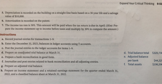 Expand Your Critical Thinking 9-51 5. Depreciation is recorded on the building on a straight-line basis based on a 30-year li