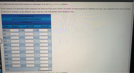 1. Determine the cost of the inventory on December 31 by the first in, first-out method. If the inventory of a particular mod
