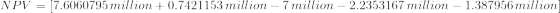 NPV=\left [7.6060795\, million+0.7421153\, million-7\, million-2.2353167\, million-1.387956\, million ]