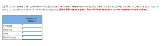 (b) First, complete the table below to calculate the interest expense at maturity. Use those calculated values to prepare you