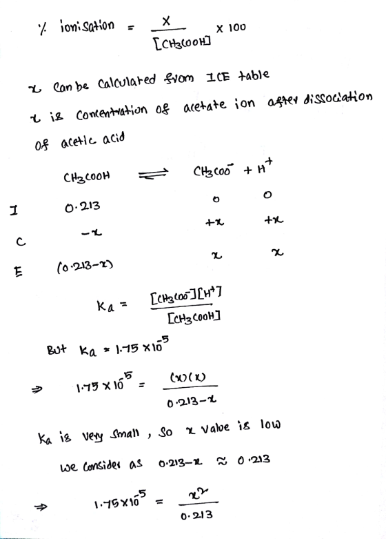 % jonisation - - X 100 [CH3COOH] from ICE table a can be calculated of acetate ion after dissociation x is concentration of a
