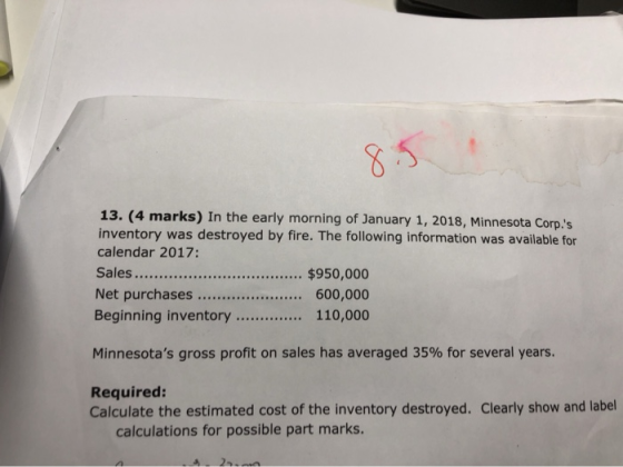 13. (4 marks) In the early morning of January 1, 2018, Minnesota Corp.s inventory was destroyed by fire. The following infor