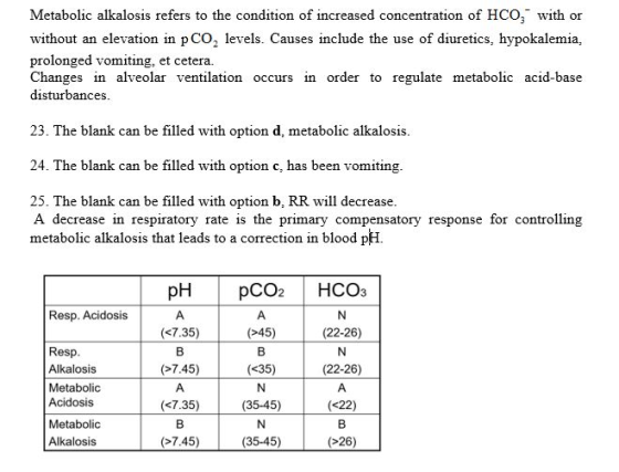 Metabolic alkalosis refers to the condition of increased concentration of HCO, with or without an elevation in pco, levels. C